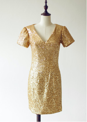 Short Sleeves Gold Sequin Sexy Party Dress